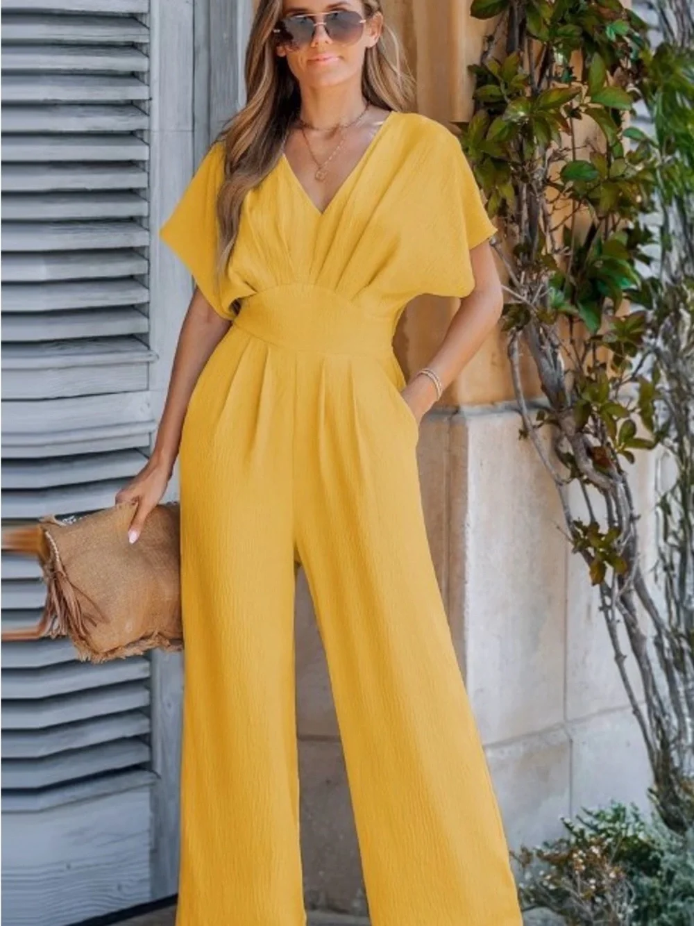 Cupshe Woman’s Breezy Crinkled Chiffon Surplice Neckline Wide Leg Jumpsuit XS - Picture 2 of 6